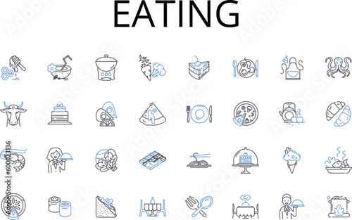 Eating line icons collection. Drinking, Feasting, Devouring, Noshing, Munching, Chomping, Grazing vector and linear illustration. Supping,Swallowing,Gobbling outline signs set