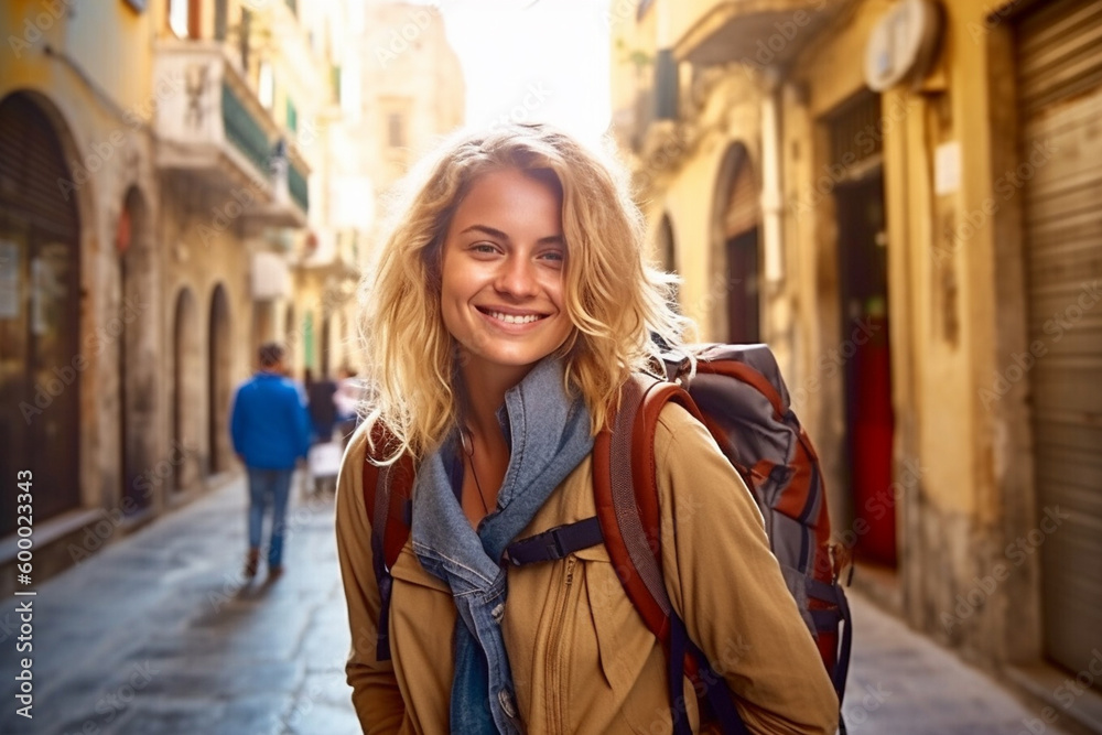 Fototapeta premium young adult woman travels, city trip old town, fictional place. Generative AI