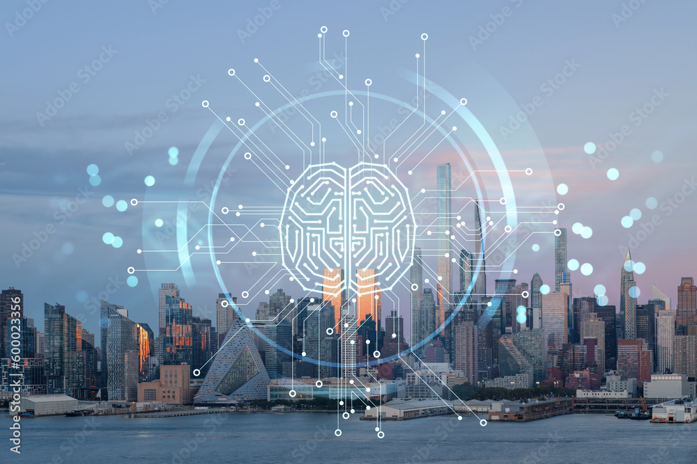 New York City skyline from New Jersey over Hudson River, Midtown Manhattan skyscrapers at sunset, USA. Artificial Intelligence concept, hologram. AI, machine learning, neural network, robotics