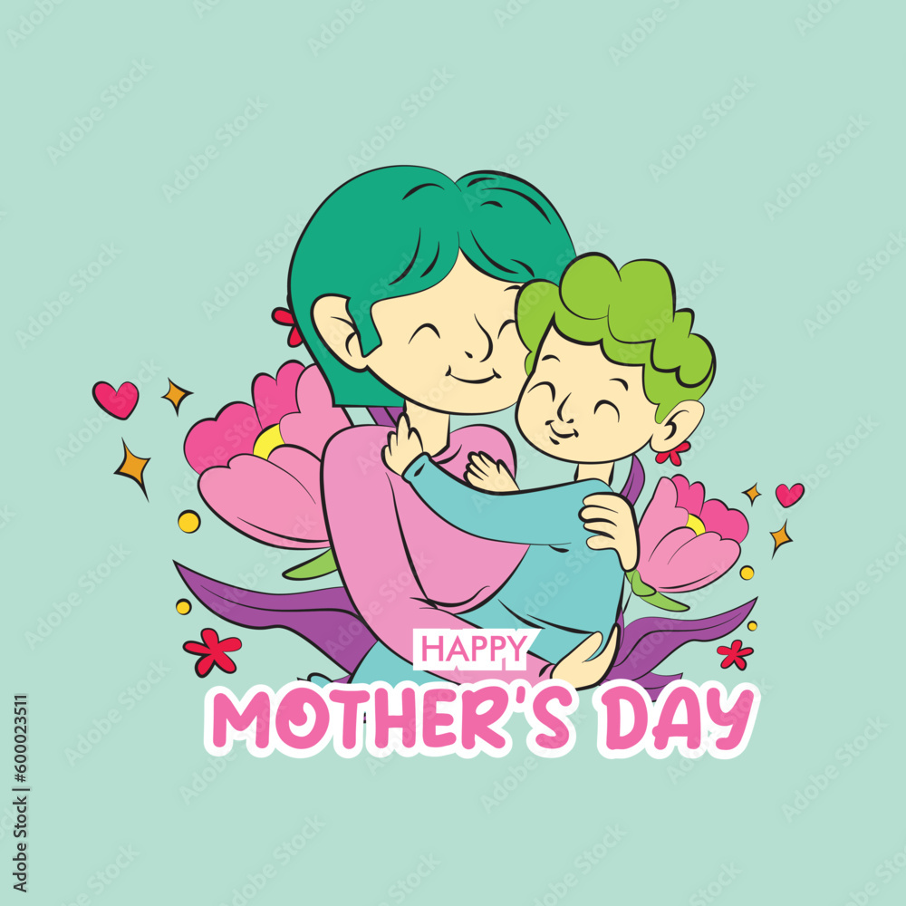 mother's day illustration with mom hug baby and floral frame mother's day illustration with mom hug baby and floral frame