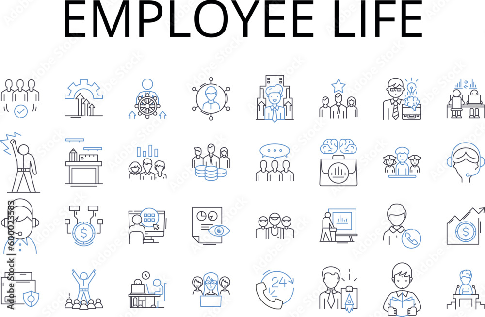 Employee life line icons collection. Job security, Workspace wellness, Career milests, Work culture, Staff relations, Labor conditions, Human capital vector and linear illustration. Professional Employee life line icons collection. Job security, Workspace wellness, Career milests, Work culture, Staff relations, Labor conditions, Human capital vector and linear illustration. Professional