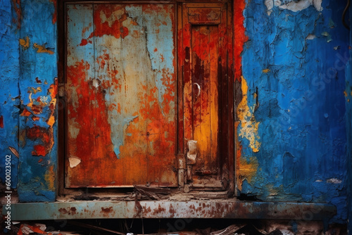 Closeup shot of a rusty door and peeling blue wall - Generative AI