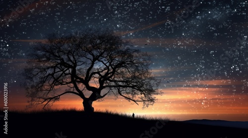 A tree silhouette against a starry night sky. Generative ai