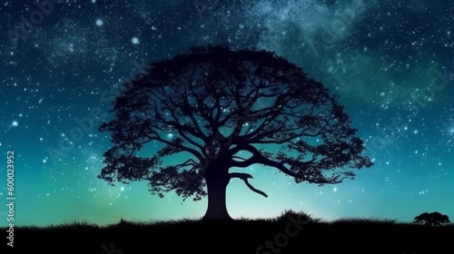 A tree silhouette under a starry night sky. Generative ai © cac_tus