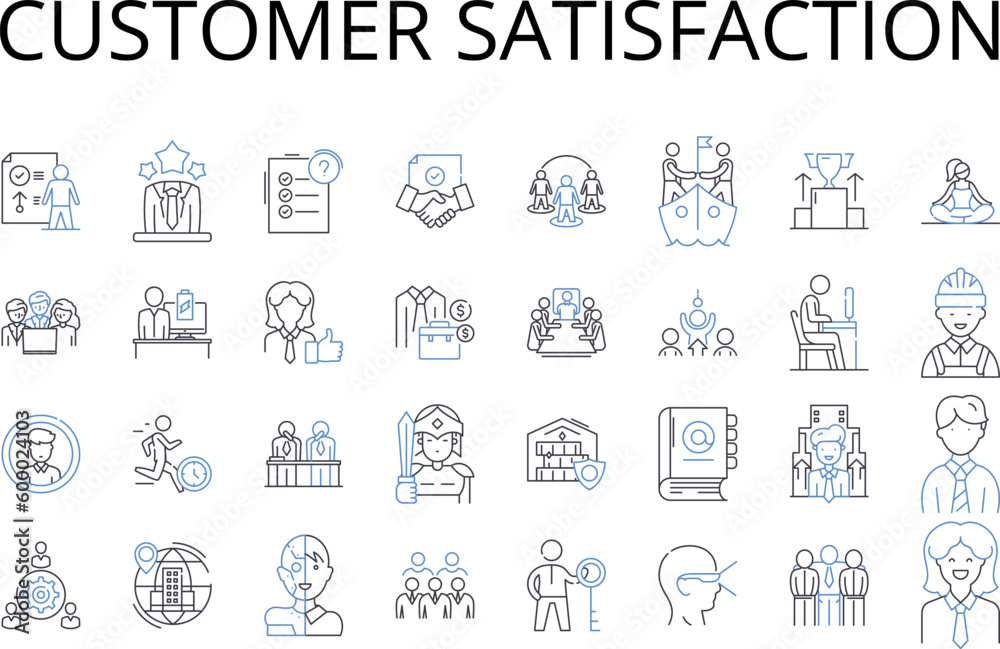 Obraz premium Customer satisfaction line icons collection. Client contentment, Patron pleasure, Shopper cheer, Consumer joy, Audience delight, User gratification, Guest happiness vector and linear illustration