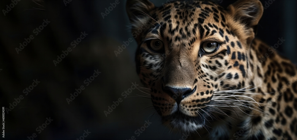 Obraz premium A stunning photograph of a leopard's face with piercing blue eyes, showcasing the wild beauty of nature. AI Generative