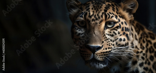 A stunning photograph of a leopard's face with piercing blue eyes, showcasing the wild beauty of nature. AI Generative