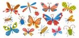 Colorful boho butterflies and decorative bugs. trendy patterned insects, flying and crawling, spring and summer nature, beetles, vector set