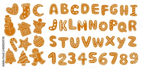 Christmas gingerbreads alphabet. Holiday sweet letters and numbers with white sugar glaze, biscuits figurines, snowman and angel, vector set © Vectorcreator