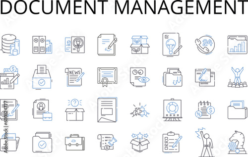 Document management line icons collection. Record keeping, File organization, Data handling, Information storage, Paper management, Digital archiving, Paperwork control vector and linear illustration