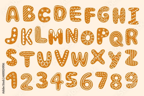 Sweet ginger cookies font. Christmas pastry alphabet, sweet textured biscuits with icing sugar, holiday baked numbers, letters, vector set