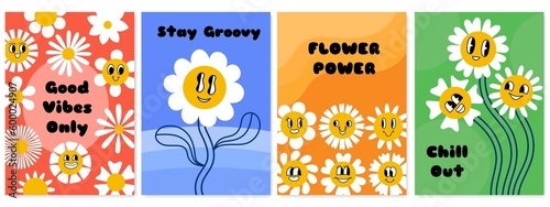 Vintage psychedelic daisy flowers cards. Cartoon smiling funny faces, positive hippies emotions, cute texts, chamomiles, vector posters set