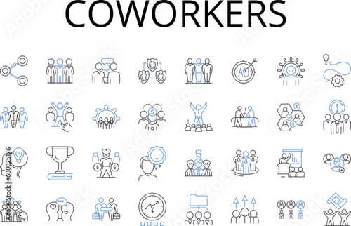 Coworkers line icons collection. Peers, Associates, Colleagues, Companions, Acquaintances, Contemporaries, Allies vector and linear illustration. Confederates,Partners,Co-creators outline signs set