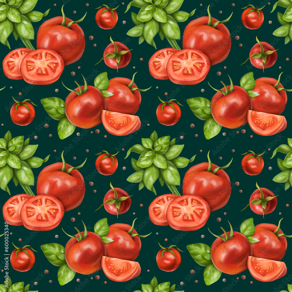 Seamless pattern with compositions of red tomatoes, cherry, peppercorns, bunches and basil leaves. Floral background for textiles, fabrics, wrapping paper and other designs. On a green background Seamless pattern with compositions of red tomatoes, cherry, peppercorns, bunches and basil leaves. Floral background for textiles, fabrics, wrapping paper and other designs. On a green background