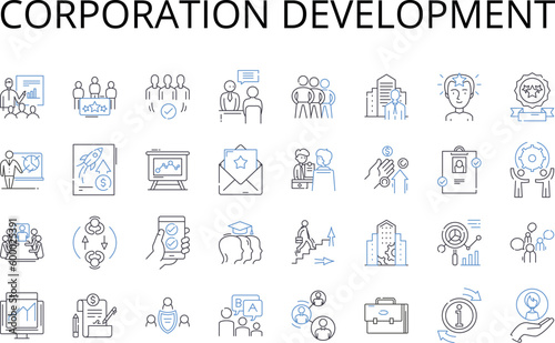Corporation development line icons collection. Business expansion, Company growth, Entrepreneurship evolution, Enterprise progress, Firm enhancement, Startup evolution, Trade advancement vector and