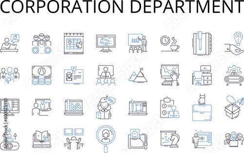 Corporation department line icons collection. Executive suite, Agency division, Government branch, Judicial chamber, Legislative assembly, Business unit, Marketing team vector and linear illustration