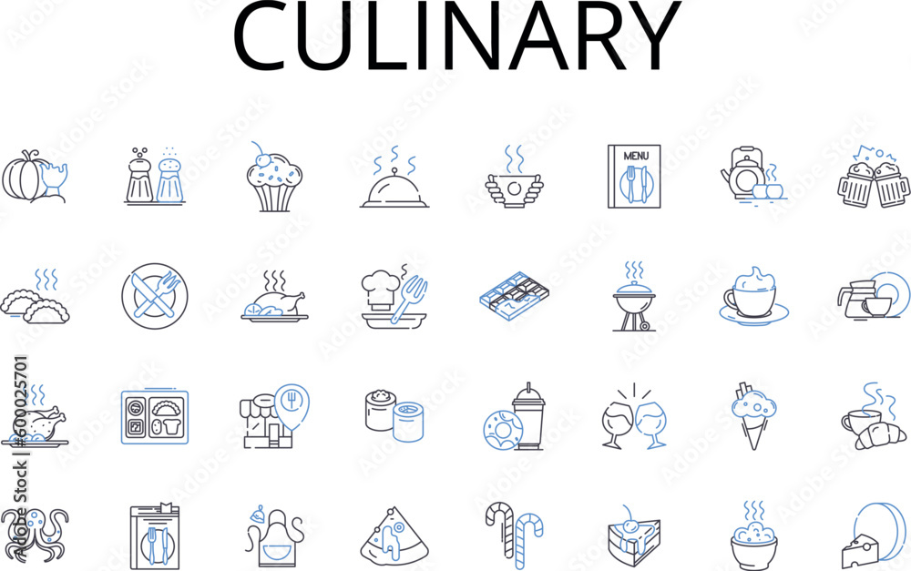 Culinary line icons collection. Delicious cuisine, Gastronomic delight, Tasty cookery, Savory cuisine, Delectable dishes, Flavorful food, Palatable meals vector and linear illustration. Appetizing