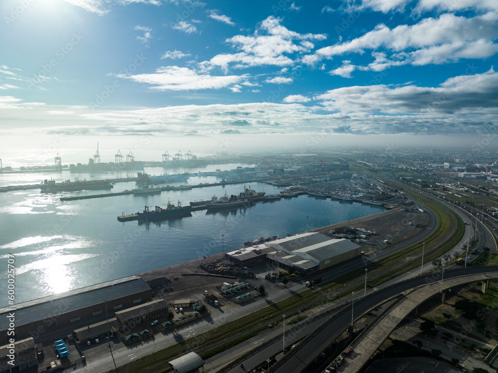 Landside aerial view of Table Bay harbor and container terminals in Cape Town, South Africa.