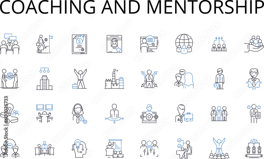 Coaching and mentorship line icons collection. Teaching and guidance, Leadership and direction, Training and instruction, Advice and counsel, Education and development, Support and encouragement Coaching and mentorship line icons collection. Teaching and guidance, Leadership and direction, Training and instruction, Advice and counsel, Education and development, Support and encouragement