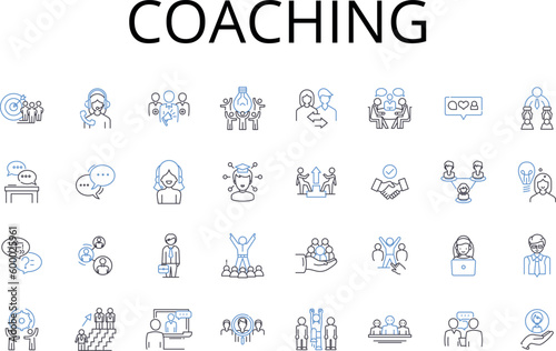 Coaching line icons collection. Mentoring, Guiding, Training, Instructing, Tutoring, Advising, Teaching vector and linear illustration. Directing,Counseling,Educating outline signs set