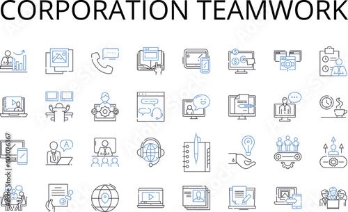 Corporation teamwork line icons collection. Partnership collaboration, Unity harmony, Alliance cooperation, Group effort, Joint venture, Mutual aid, Team effort vector and linear illustration