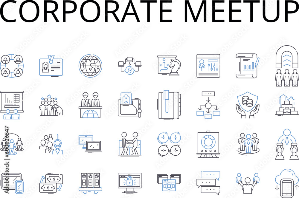 Corporate meetup line icons collection. Business conference, Executive retreat, Team building, Professional gathering, Company summit, Business seminar, Corporate rally vector and linear illustration