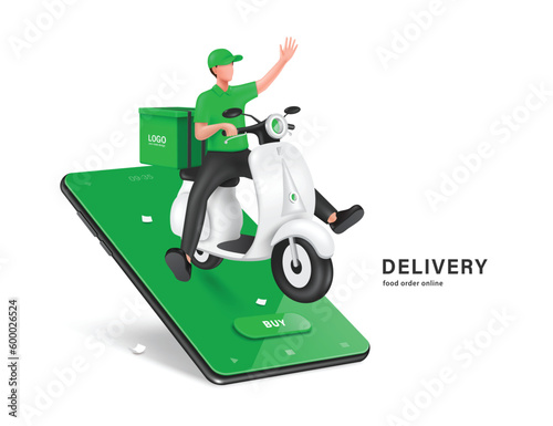 Male food delivery driver sit on scoot or motorcycle waved hand to tell customer that food has arrived and all display on smartphone