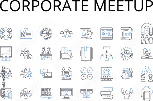 Corporate meetup line icons collection. Business conference, Executive retreat, Team building, Professional gathering, Company summit, Business seminar, Corporate rally vector and linear illustration