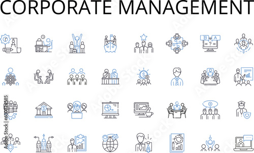 Corporate Management line icons collection. Executive Leadership, Business Administration, Company Governance, Organizational Direction, Team Management, Authorities Management, Command Hierarchy