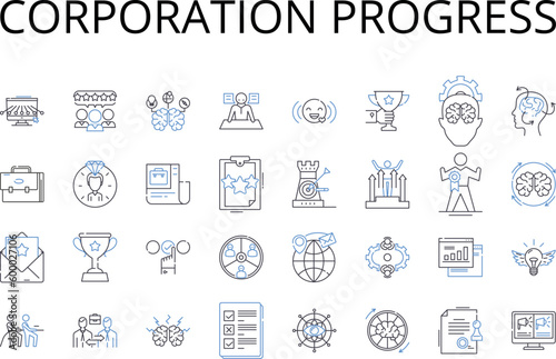 Corporation progress line icons collection. Business expansion, Company development, Enterprise growth, Organization advancement, Firm evolution, Establishment progress, Consortium improvement vector
