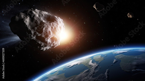 Big and small asteroids near planet Earth. Potentially hazardous asteroids (PHAs). Asteroids in outer space near Earth planet. Meteorit is solar system. Generative AI