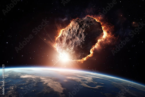 Big and small asteroids near planet Earth. Potentially hazardous asteroids (PHAs). Asteroids in outer space near Earth planet. Meteorit is solar system. Generative AI