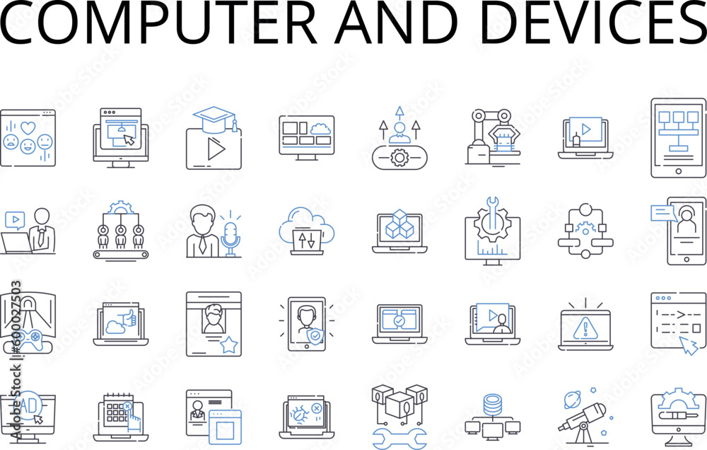 Computer and devices line icons collection. PC, laptop, tablet, smartph, smartwatch, desktop, server vector and linear illustration. gaming console,router,modem outline signs set