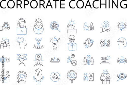 Corporate coaching line icons collection. Business mentoring, Executive training, Leadership development, Employee guidance, Career counseling, Professional instruction, Team building vector and © michael broon