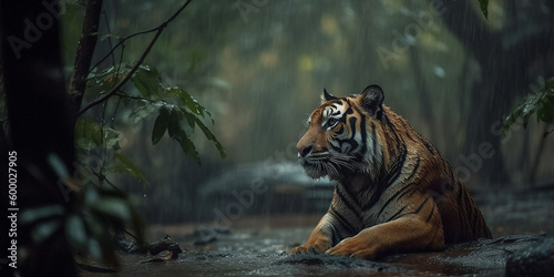 A tiger sitting under a tree while it is heavy raining