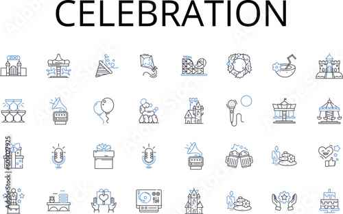 Celebration line icons collection. Happiness, Festivity, Merriment, Jubilation, Commemoration, Rejoicing, Revelry vector and linear illustration. Cheerfulness,Jollification,Party outline signs set