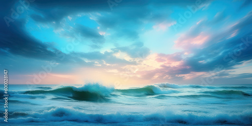 Sea waves in the morning at dawn in summer. AI generation 