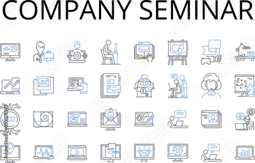 Company seminar line icons collection. Business conference, Corporate gathering, Team meeting, Staff retreat, Group workshop, Team-building event, Leadership summit vector and linear illustration