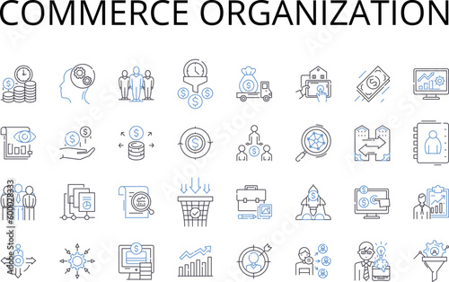Commerce organization line icons collection. Business entity, Trading company, Financial institution, Merchandise corporation, Market establishment, Commercial enterprise, Sales outlet vector and
