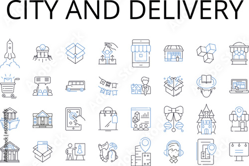 City and delivery line icons collection. Metropolitan, Urban, Municipal, Town, Village, Suburb, Neighborhood vector and linear illustration. Location,Area,Region outline signs set