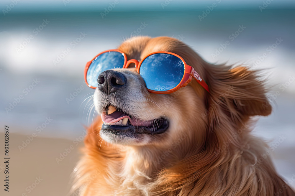 Dog with sunglasses at the beach created with Generative AI technology