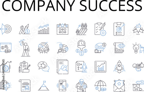 Company success line icons collection. Corporate achievements, Business prosperity, Organization triumph, Firm progress, Company victory, Enterprise growth, Commercial accomplishments vector and