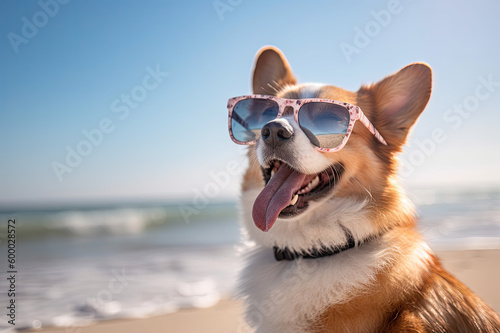 Dog with sunglasses at the beach created with Generative AI technology © Laughing Cat