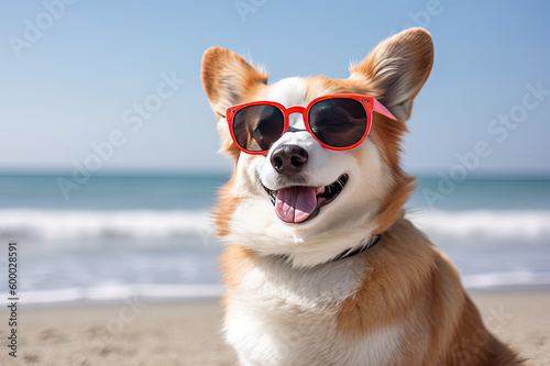 Dog with sunglasses at the beach created with Generative AI technology © Laughing Cat