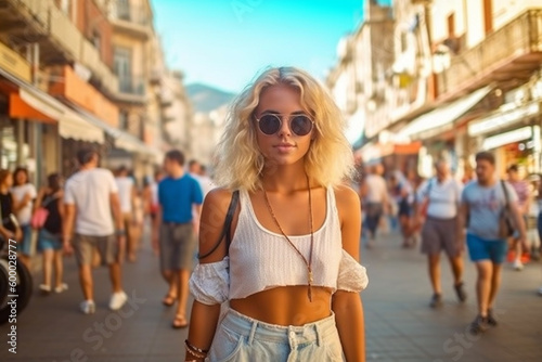 young adult woman on a side street in the hot sun, local people in the background, travel or city stroll. Generative AI