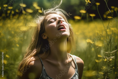 young adult woman in the grass, meadow, hay fever or sneezing, beginning of spring and allergies. Generative AI