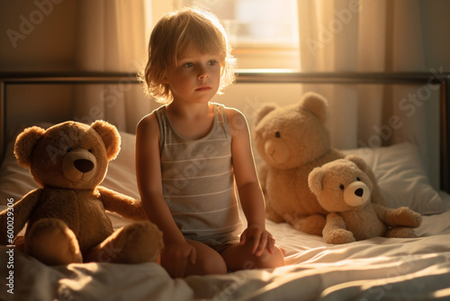 Toddler, sad or nearly crying young boy child kid at home on bed in the children's room with teddy bear soft toy, in the morning or at sunset Generative AI