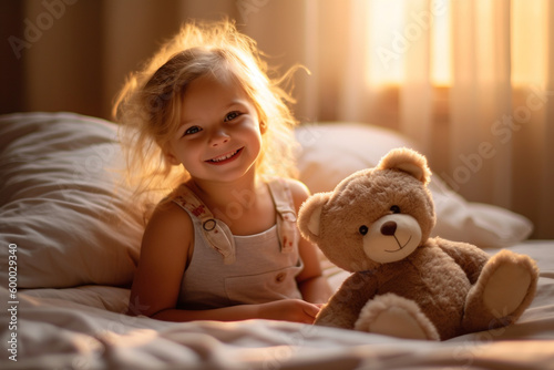 Toddler, sad or nearly crying young girl child kid at home on bed in the children's room with teddy bear soft toy, in the morning or at sunset Generative AI