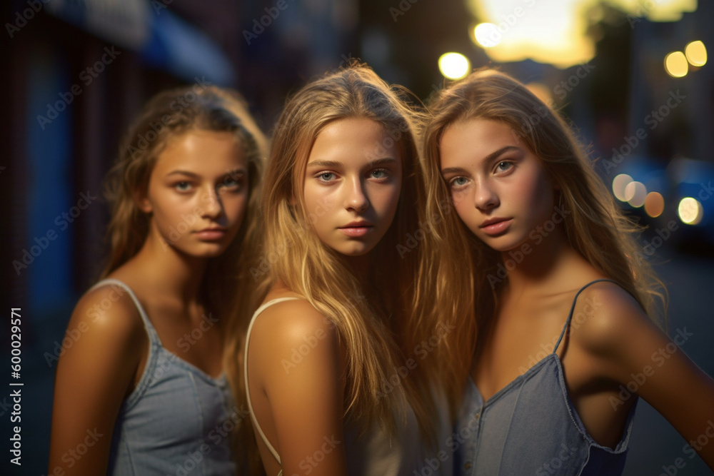 young women or teenagers, young girls outside on a side street, group of friends in free time. Generative AI young women or teenagers, young girls outside on a side street, group of friends in free time. Generative AI