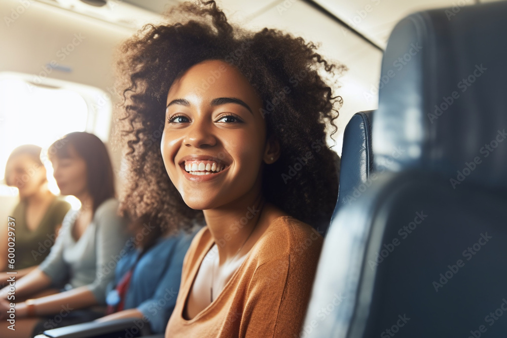 on the plane, on the flight, in the plane seat, huge anticipation when the plane takes off or lands, young adults or teenagers are going on summer vacation, sunshine on the plane window. Generative AI on the plane, on the flight, in the plane seat, huge anticipation when the plane takes off or lands, young adults or teenagers are going on summer vacation, sunshine on the plane window. Generative AI